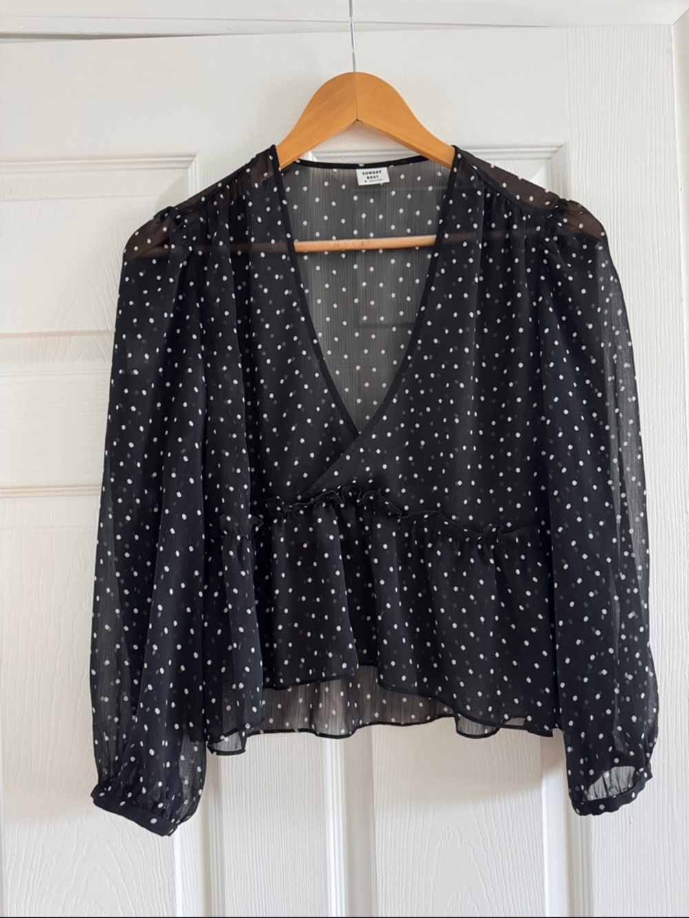 Sunday Best Black Sheer Polka Dot V-Neck Blouse